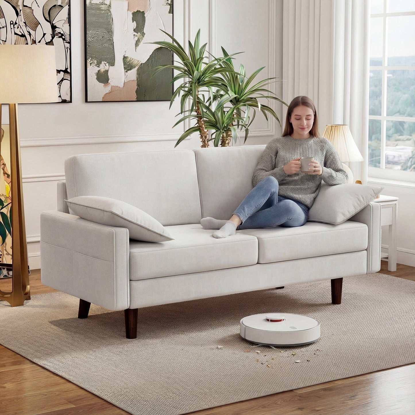 3-Seater Velvet Sofa with Spring Cushions - Cream White