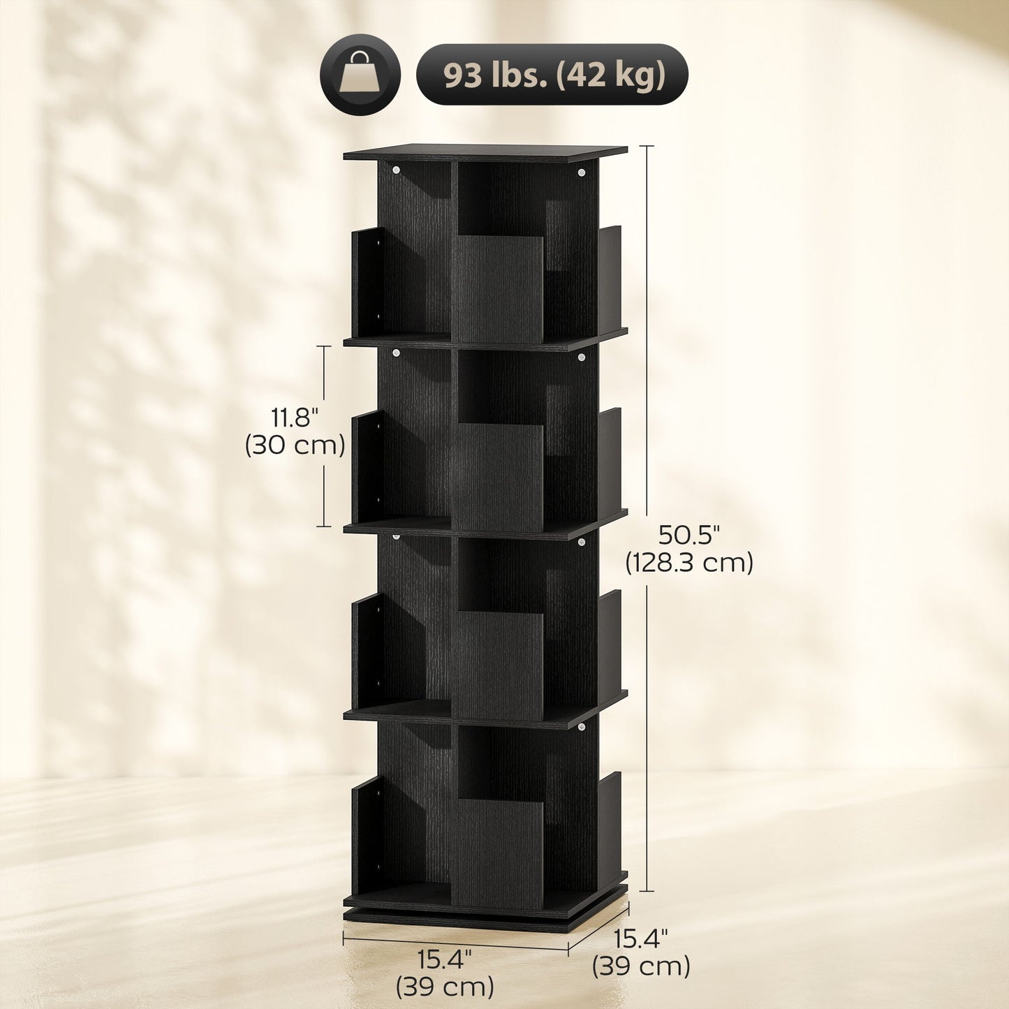 360° Rotating Bookcase with Anti-Tipping Straps, Anti-Slip Foot Pads, 4 Tier Bookshelf with 16 Cubbies for Books, Plants, Decorations, Black
