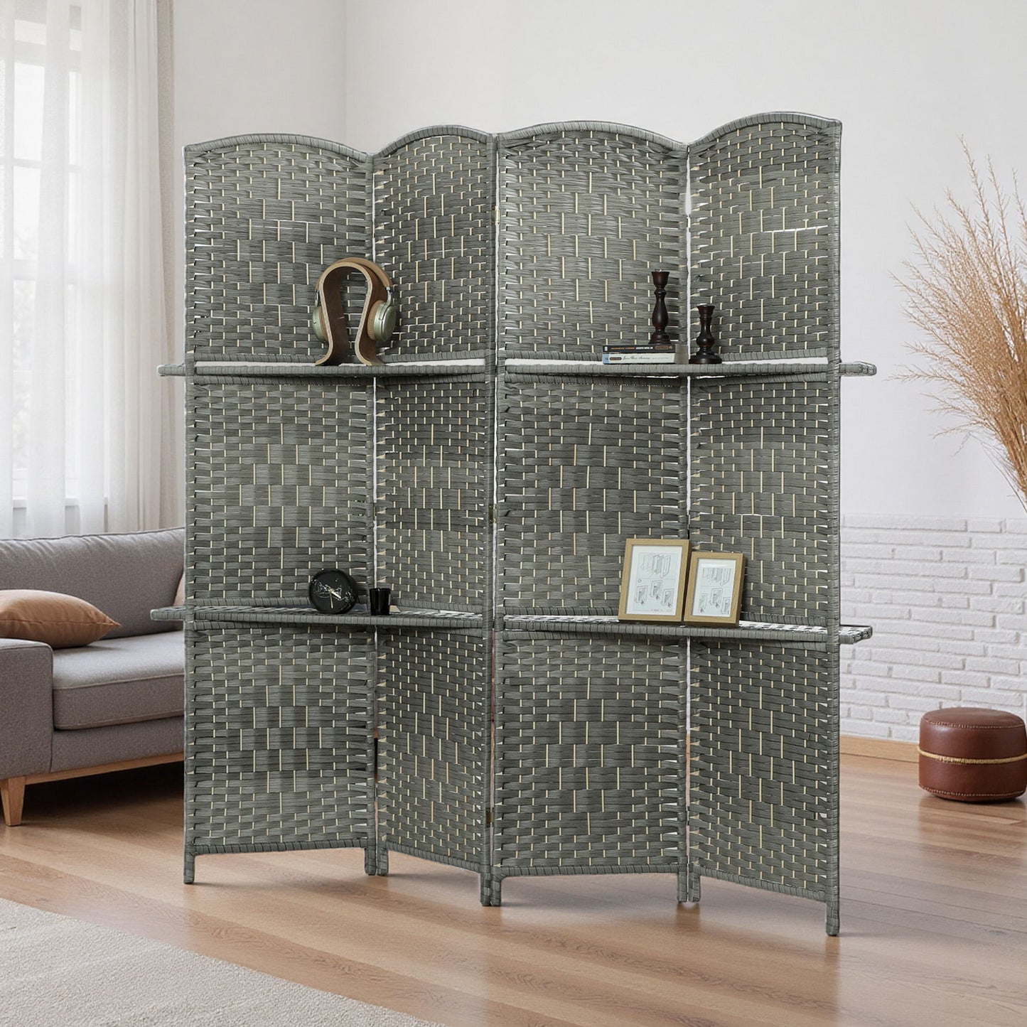 6 FT Privacy Screen, 4 Panel Room Divider with Shelves for Living Room Bedroom Home Office, Grey
