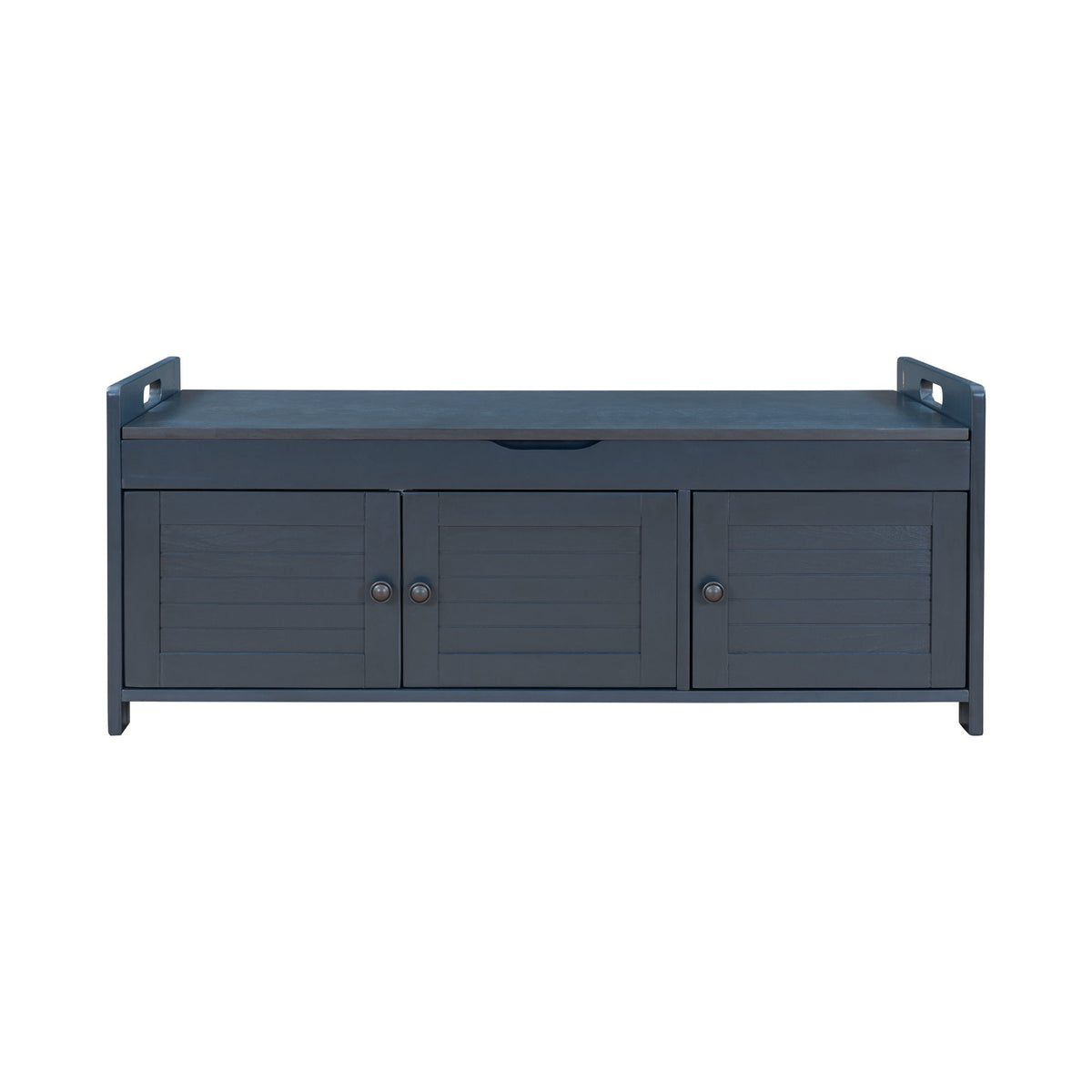 Rustic Storage Bench with Shutter-shaped Doors, Hidden Storage and Removable Cushion, 43.5" L x 16 " W x 18" H, Antique Navy