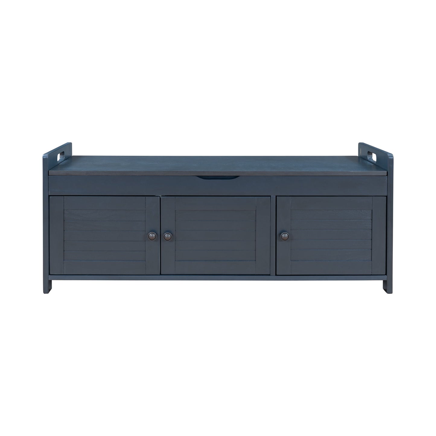 Rustic Storage Bench with Shutter-shaped Doors, Hidden Storage and Removable Cushion, 43.5" L x 16 " W x 18" H, Antique Navy