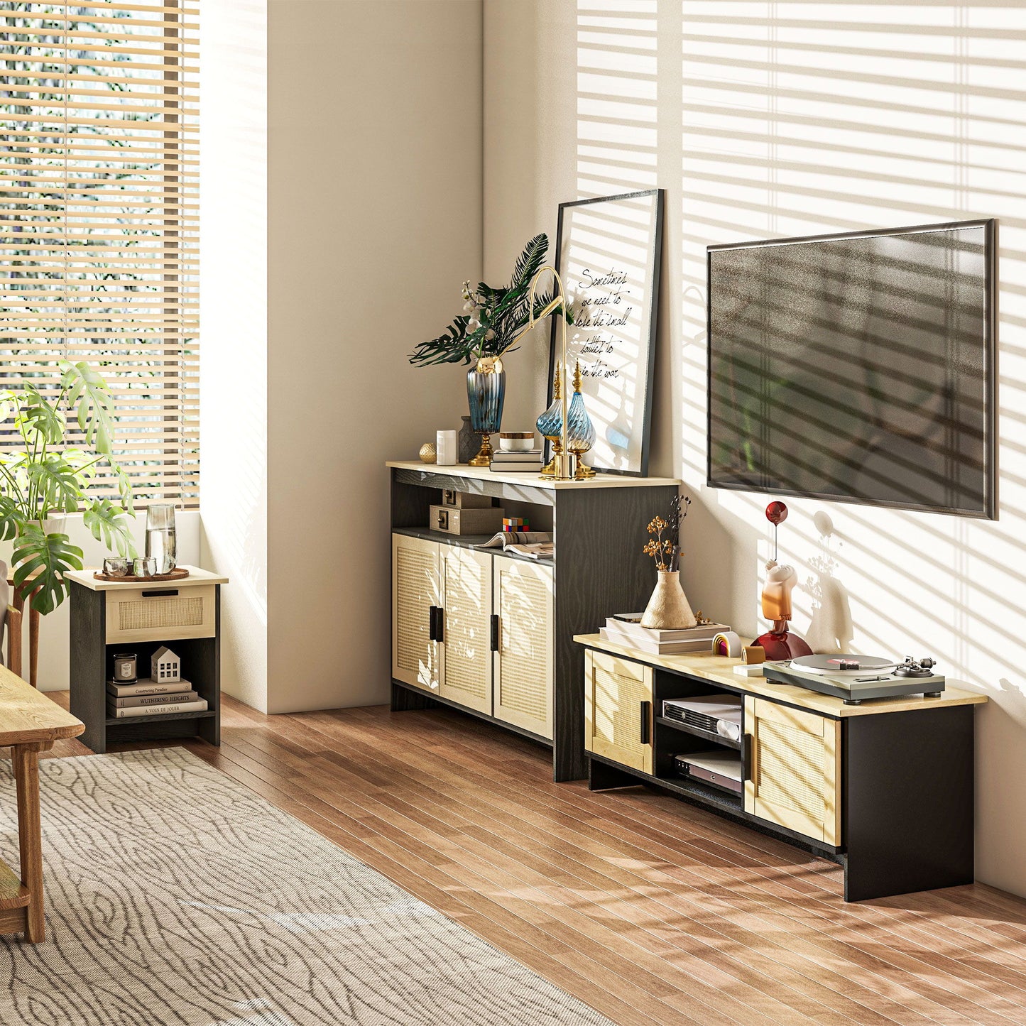 TV Stand for 60 inches, TV Cabinet with 2 Shelves, 2 Cable Managements and 2 Rattan Door Cabinets, Natural