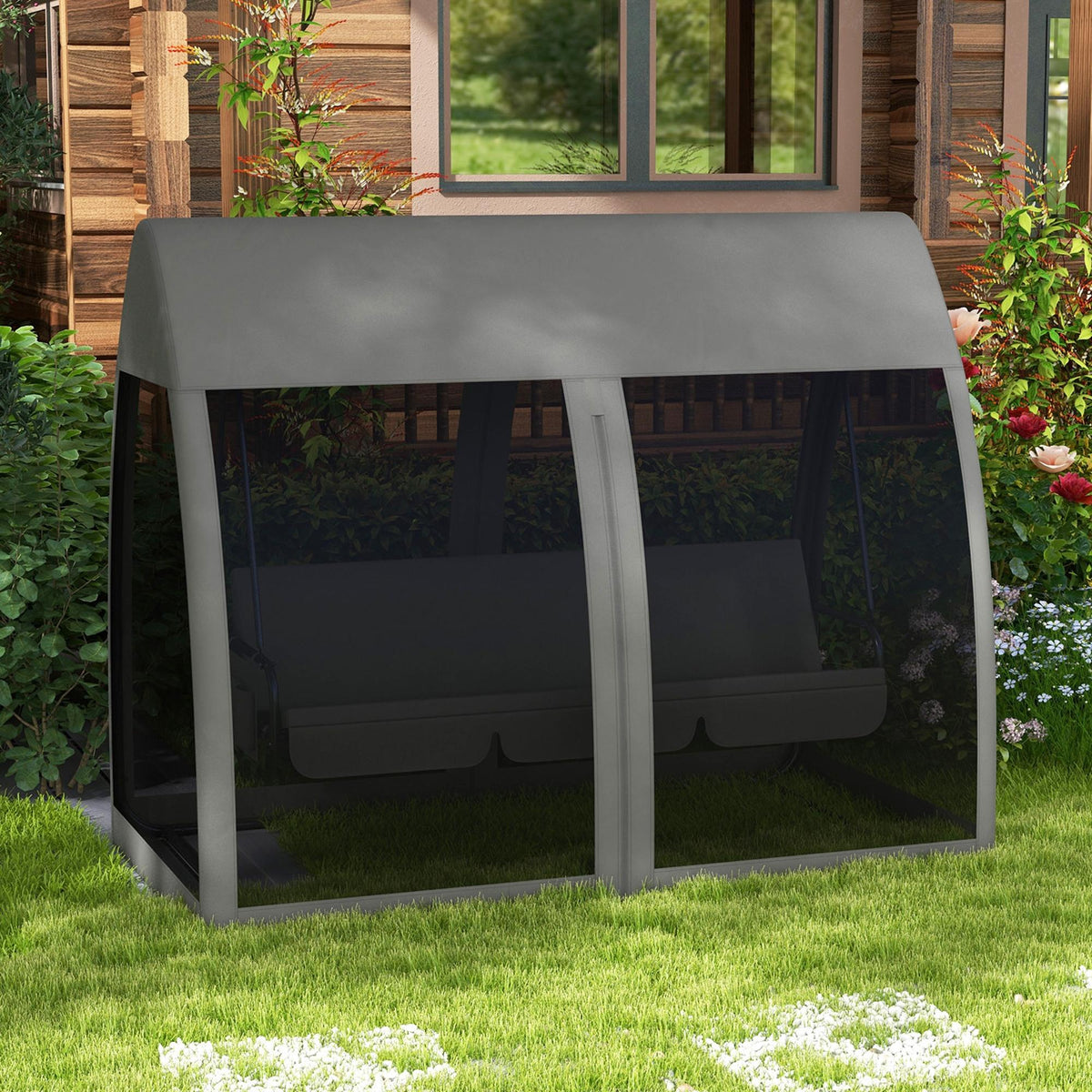 3-Seater Outdoor Swing Chair Chaise Lounger Bed Garden Hammock with Steel Stand, Canopy Netting Walls, Dark Grey
