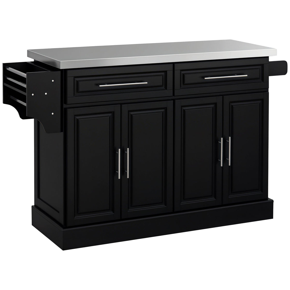 Rolling Kitchen Island with Stainless Steel Top - Black