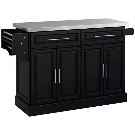 Rolling Kitchen Island with Stainless Steel Top - Black