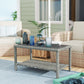 35" Outdoor Wicker Coffee Table with Glass Top, Storage Shelf for Garden Porch Balcony Deck, Dark Grey
