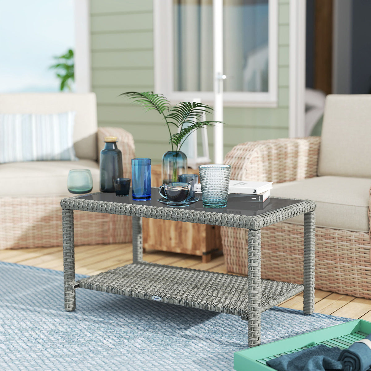 35" Outdoor Wicker Coffee Table with Glass Top, Storage Shelf for Garden Porch Balcony Deck, Dark Grey