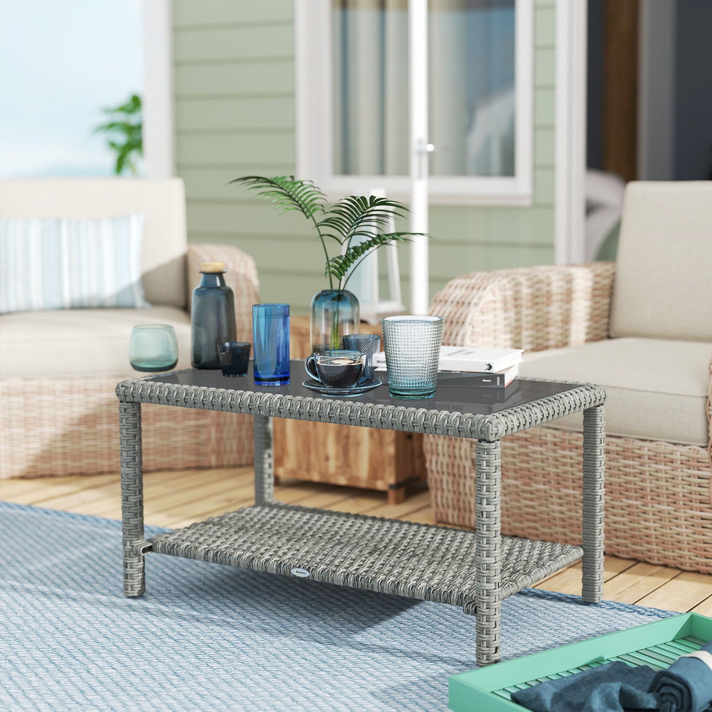 35" Outdoor Wicker Coffee Table with Glass Top, Storage Shelf for Garden Porch Balcony Deck, Dark Grey