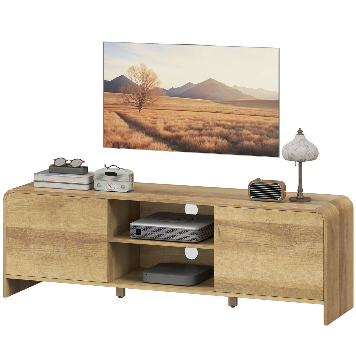 TV Stand for up to 65 Inch TV, Nordic Entertainment Center with 2 Cabinets and 2 Open Shelves for Living Room, Natural