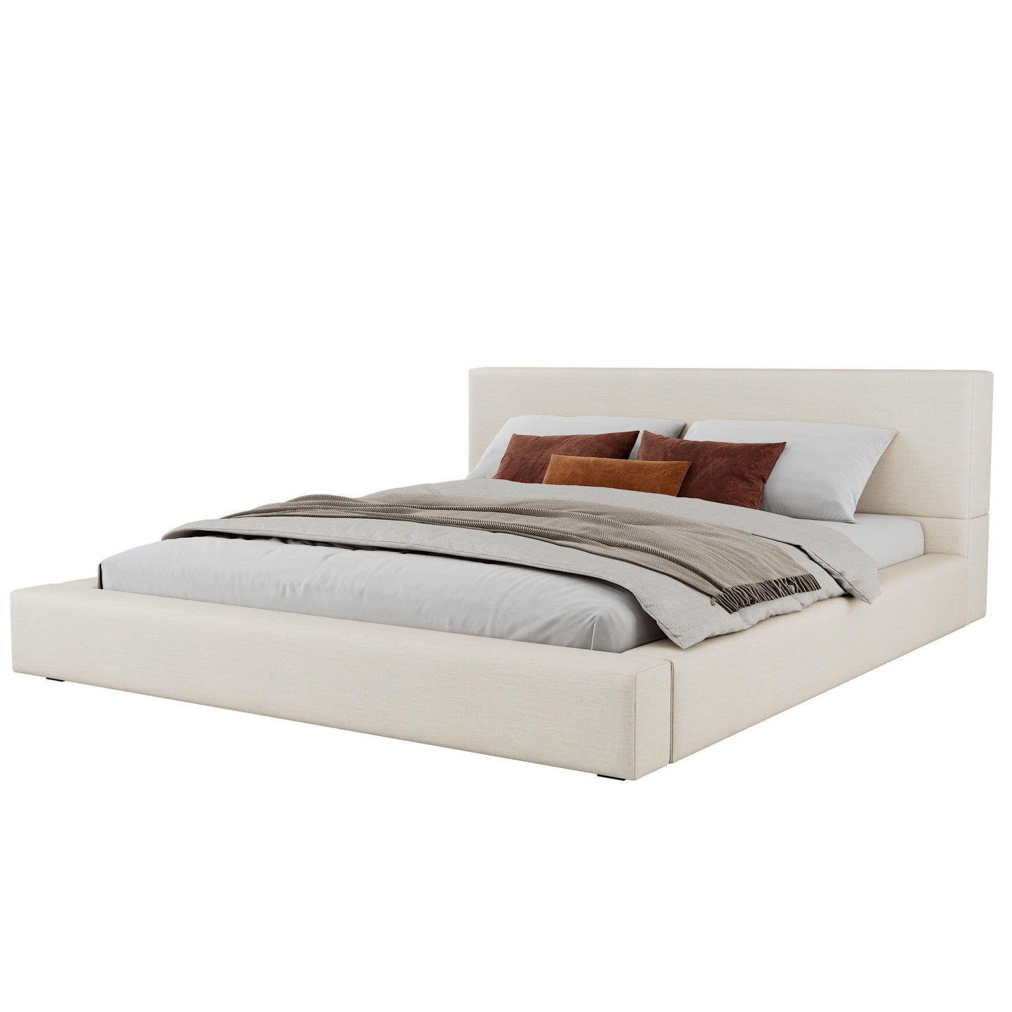 King Size Upholstered Platform Bed with Supportive Slats & Rubber Wood, Soft-Pack Bed with Embedded Frame, 94.5'' L x 88'' W x 37'' H, Beige