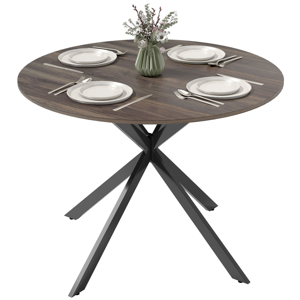 40" Round Kitchen Table for 4, Industrial Dining Table with Steel Legs for Dining Room, Distressed Brown