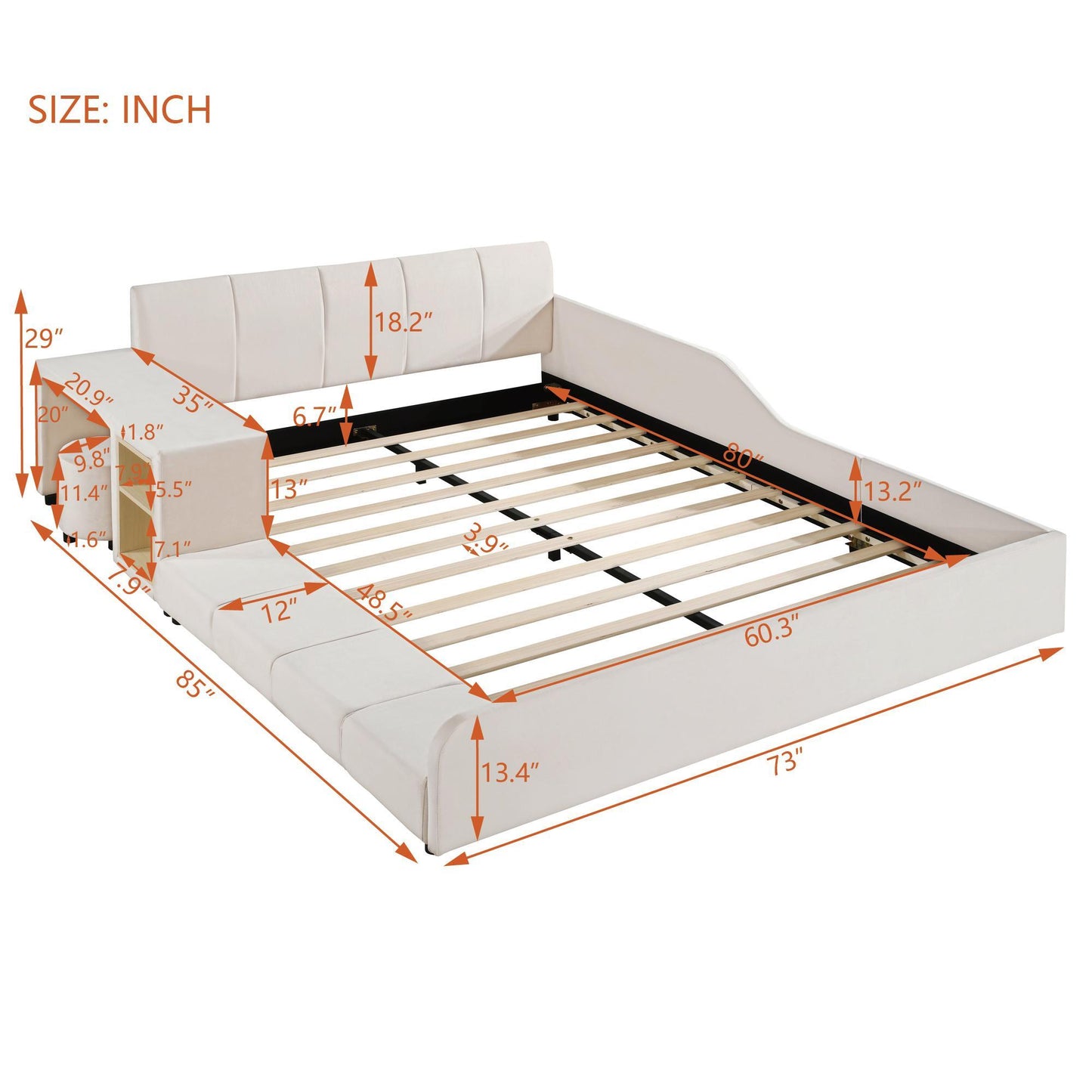 Queen Size Upholstered Bed with Built-In Bedside Desk and Round Stool, Solid Bedboard with Sturdy MDF Frame, 85'' L x 73'' W x 29'' H, Beige