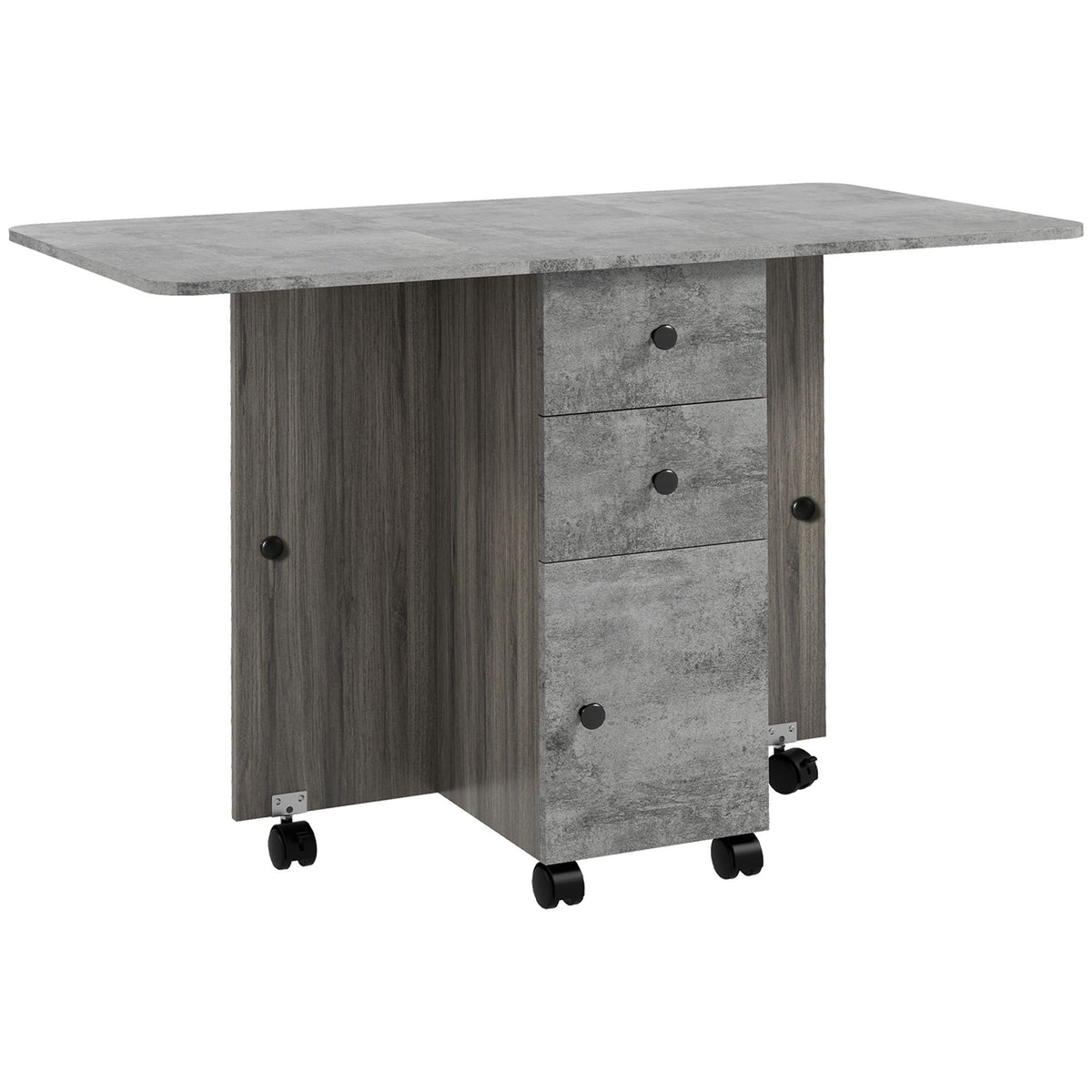 Drop Leaf Dining Table, Mobile Folding Table on Wheels with Drawers and Cabinet for Dining Room, Kitchen, Grey