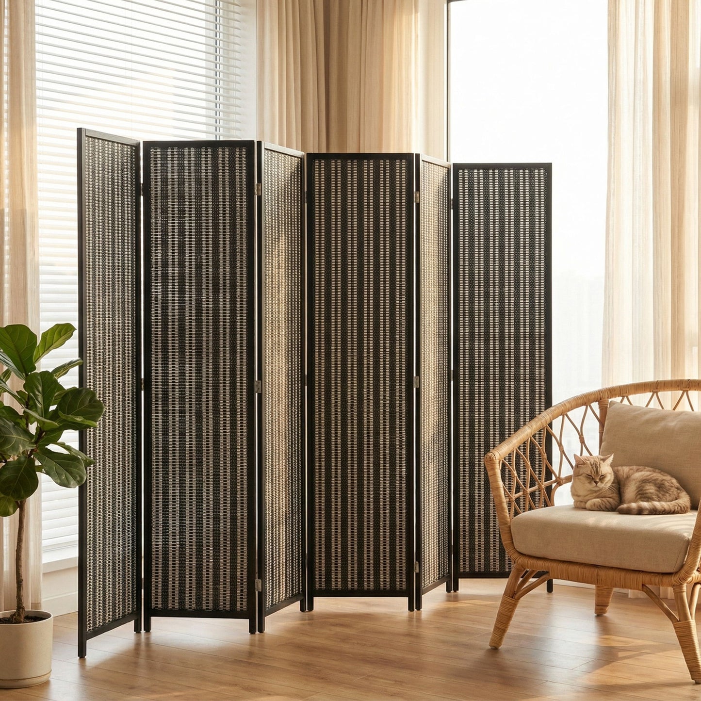 Folding Privacy Screen, 6 Panel Room Divider, Freestanding Partition with Handwoven Bamboo and Pine Wood Frame, Black