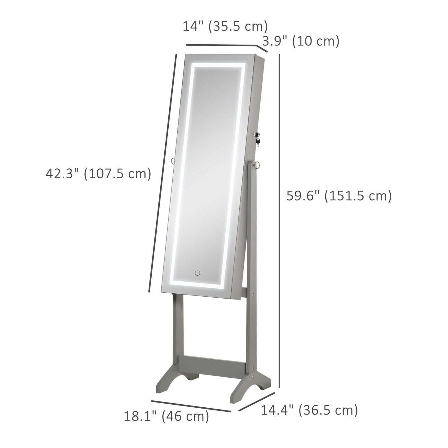 Lockable Jewelry Armoire with LED Light, Standing Mirror with Storage for Bedroom Dressing Room, Grey