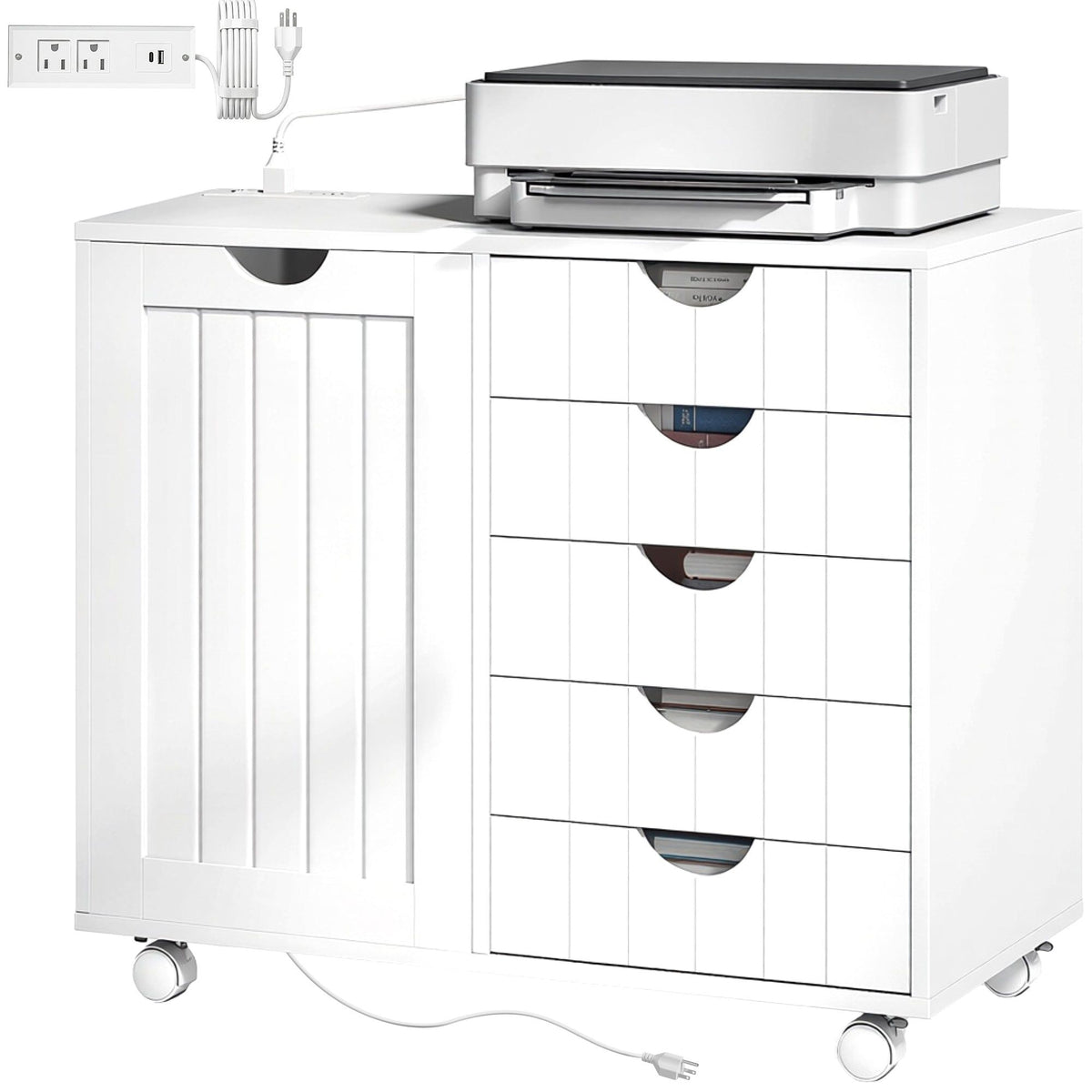 5-Drawer Mobile Lateral Filing Cabinet with USB - White