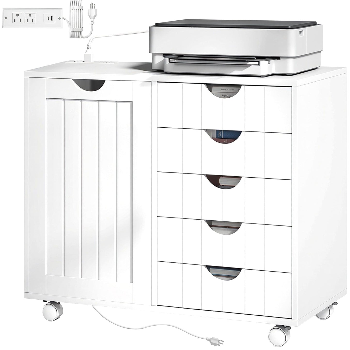5-Drawer Mobile Lateral Filing Cabinet with USB - White