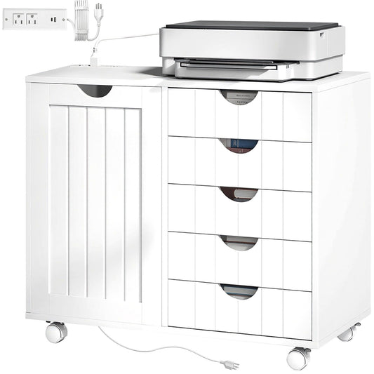 5-Drawer Mobile Lateral Filing Cabinet with USB - White