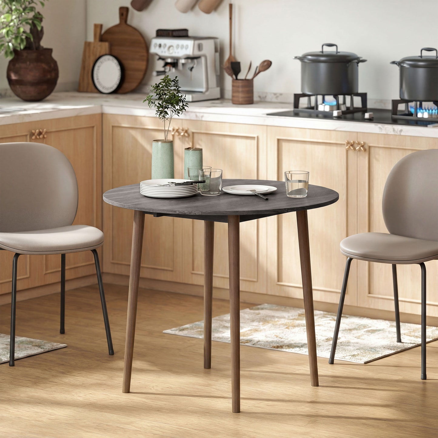 35" Folding Dining Table, Collapsible Drop Leaf Table with Round Tabletop, Wood Legs, Distressed Light Grey