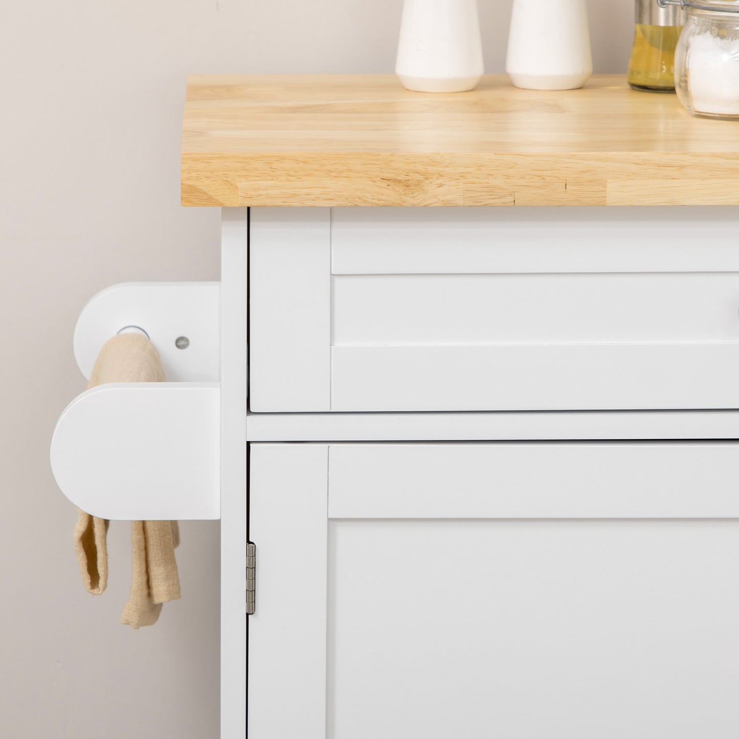 Kitchen Island with Storage, Rolling Cart Trolley with Rubberwood Top, Adjustable Shelf, Drawer, Spice Rack, White