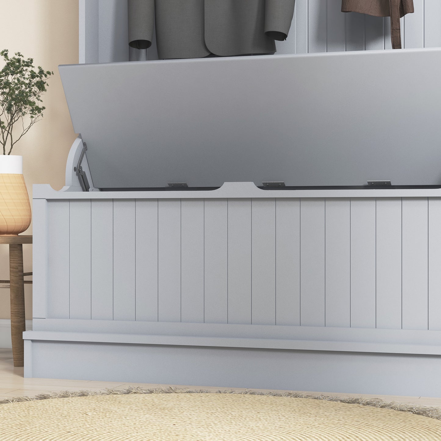 4-In-1 Hall Tree with Coat Rack, Top Shelf, Shoe Storage and Bench Seat, Entryway Bench with 5 Hooks, Grey