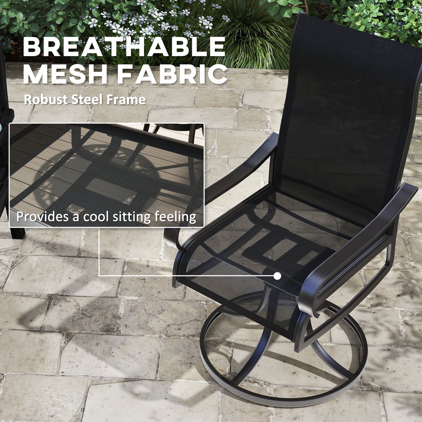 2-Piece Swivel Patio Dining Chairs, 360° Swivel Rocking Outdoor Chairs with Curved Armrests, Breathable Mesh Seat & S Shape Backrest for Yard, Lawn, Porch, Black