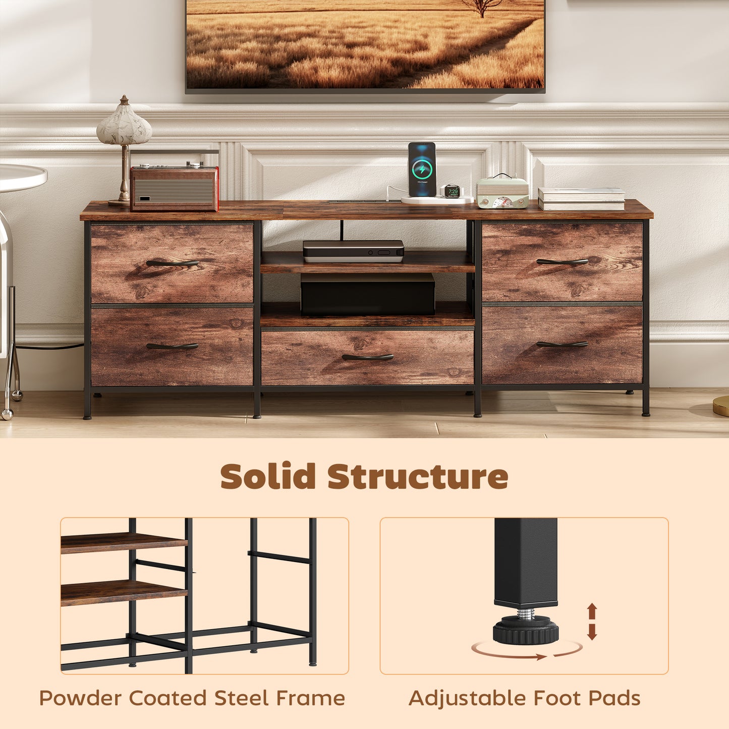 TV Stand for TVs up to 65 Inch, Industrial TV Console with Charging Station, 5 Drawers and Open Shelves, Rustic Brown