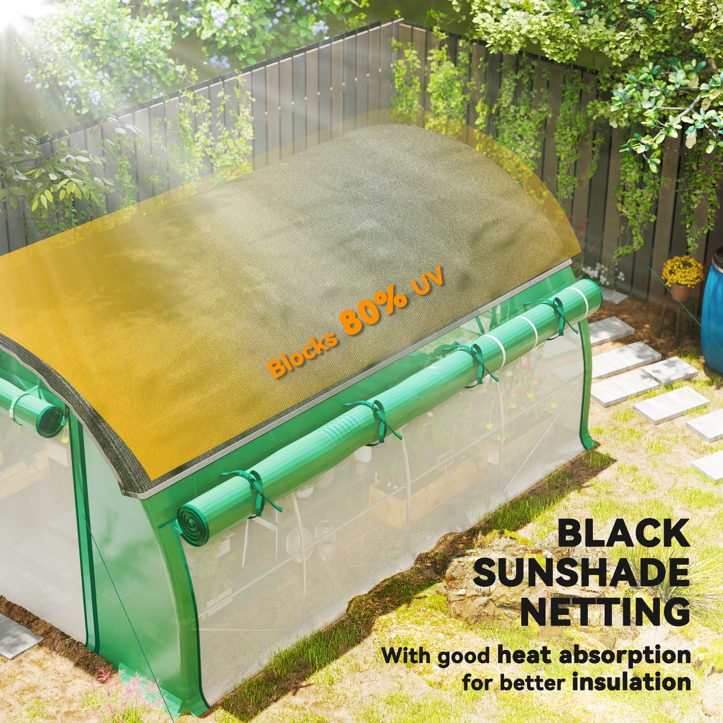 Walk-in Tunnel Greenhouse, Plant Hot House with Sunshade Net, Roll-up Mesh Sidewalls, 2 Doors