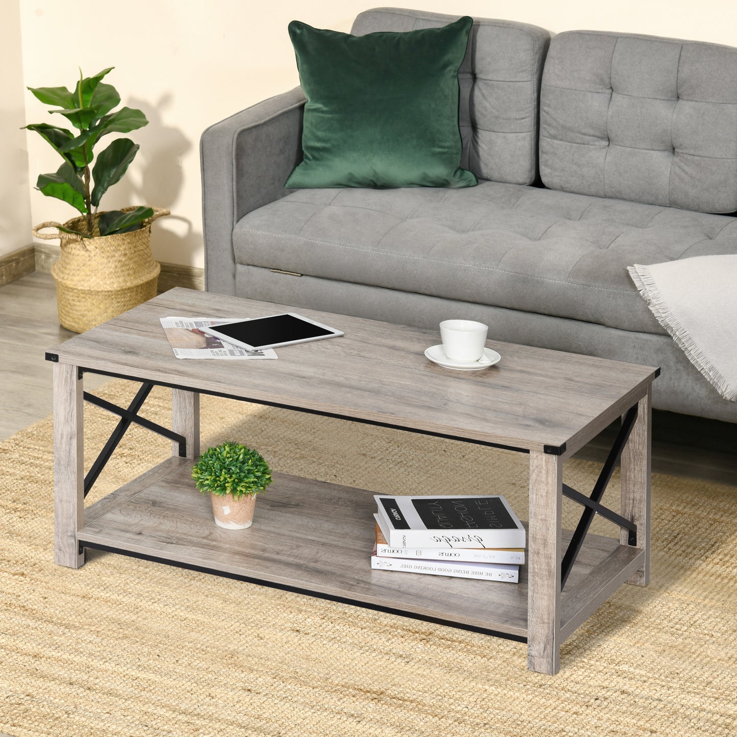 Industrial Coffee Table, Cocktail Table with Bottom Storage Shelf, Metal X-Bar for Living Room Bedroom