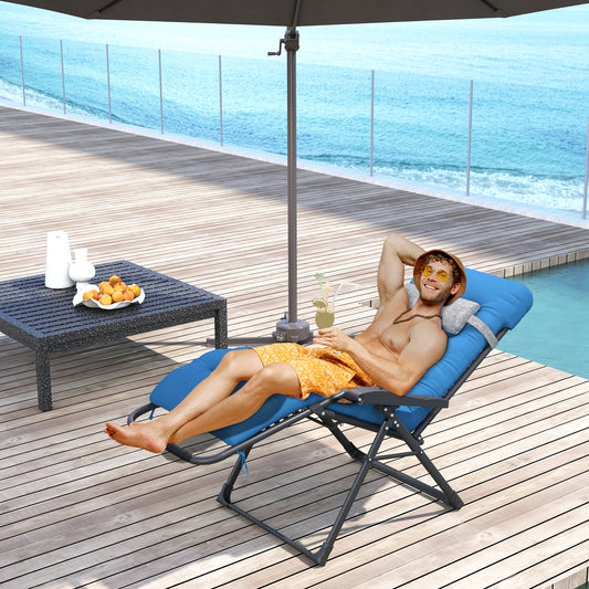 Padded Folding Recliner Chair, Patio Lounger with Cupholder, Adjustable Backrest, Removable Cushion, Navy Blue - Natural