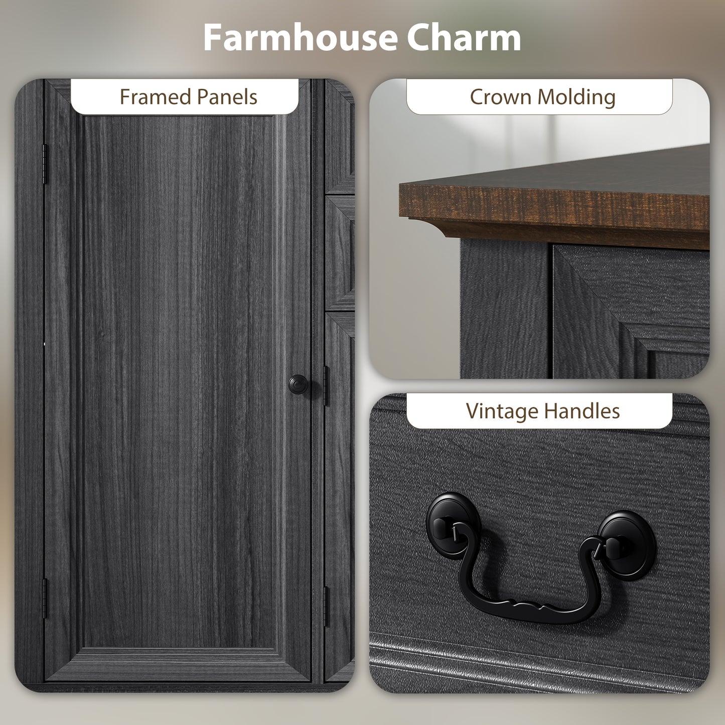 Farmhouse Sideboard with Charging Station and Thickened Top, 58" Buffet Cabinet with 2 Soft-Close Drawers, Black
