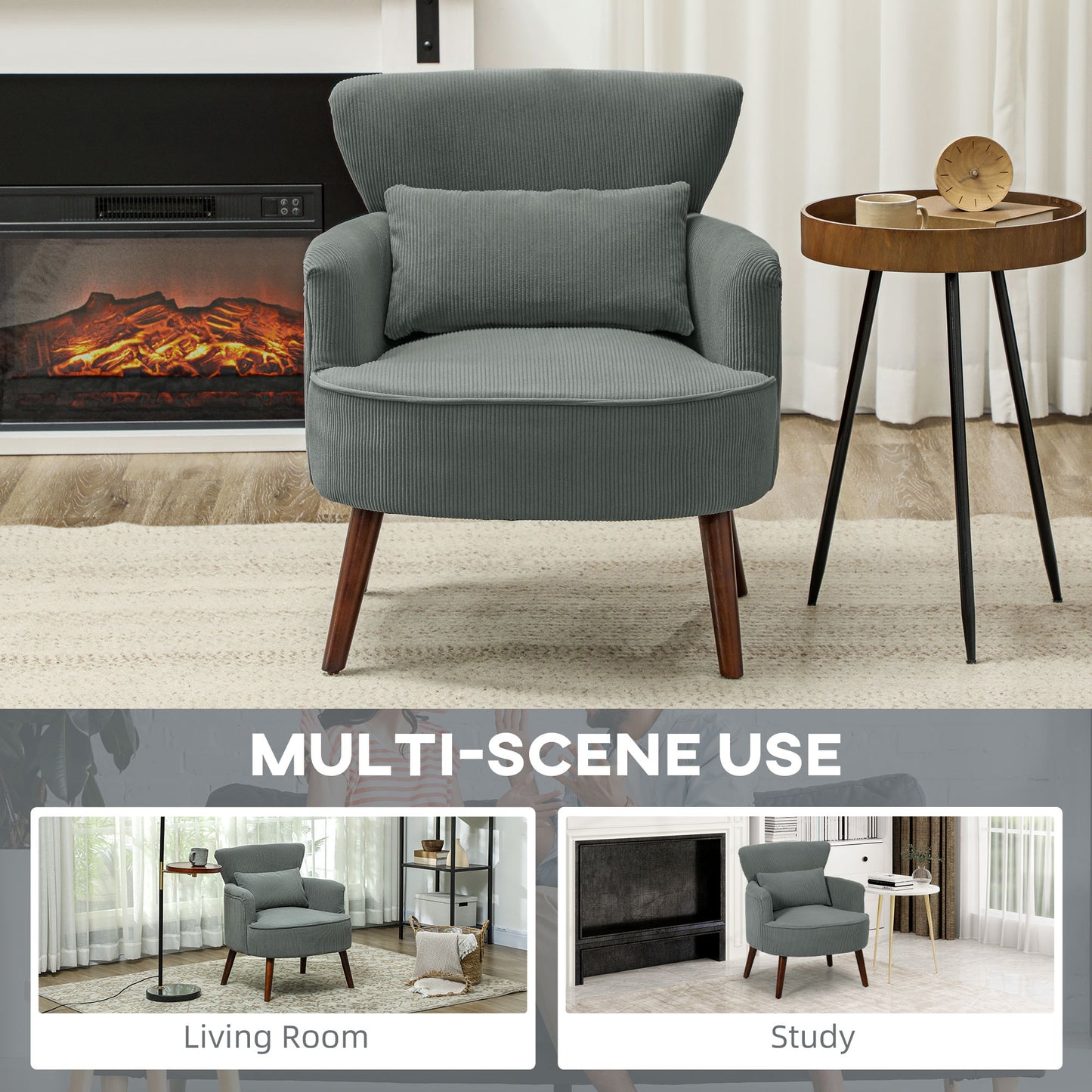 Modern Accent Chair, Upholstered Armchair with Solid Wood Legs and Lumbar Pillow for Living Room, Grey