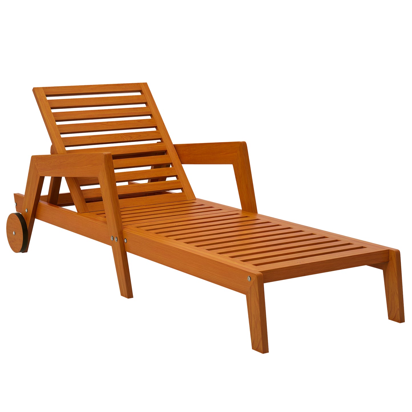 Wood Lounge Chair Outdoor Tanning Chair with Wheels, 3-Position Adjustable Backrest and Armrests, Orange