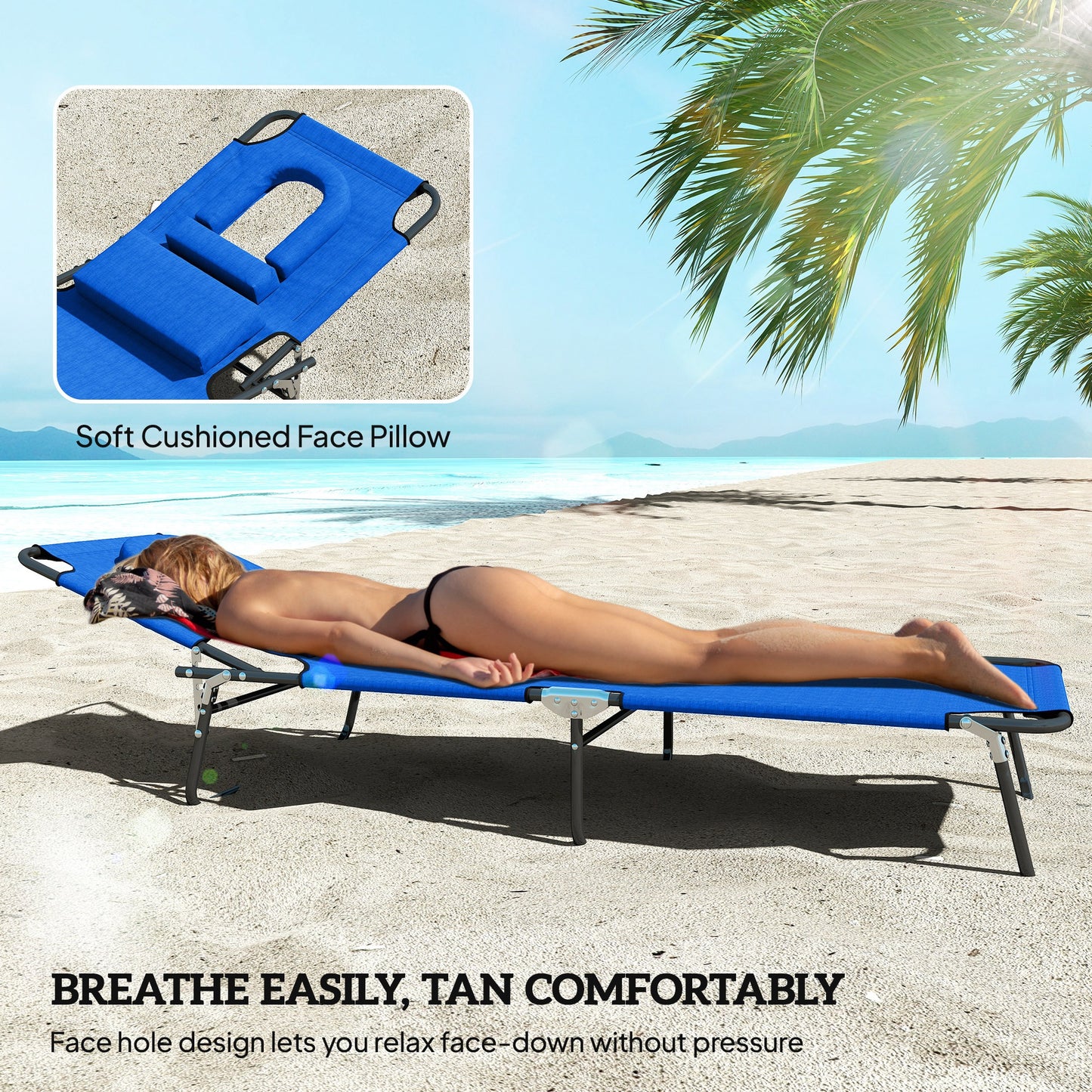 Folding Lounge Chair Set of 2, Reclining Beach Tanning Chair with Face Hole, Pillow, 4-Position Adjustable Flat Sun Lounger, Steel Frame for Outdoor Patio Pool, Green
