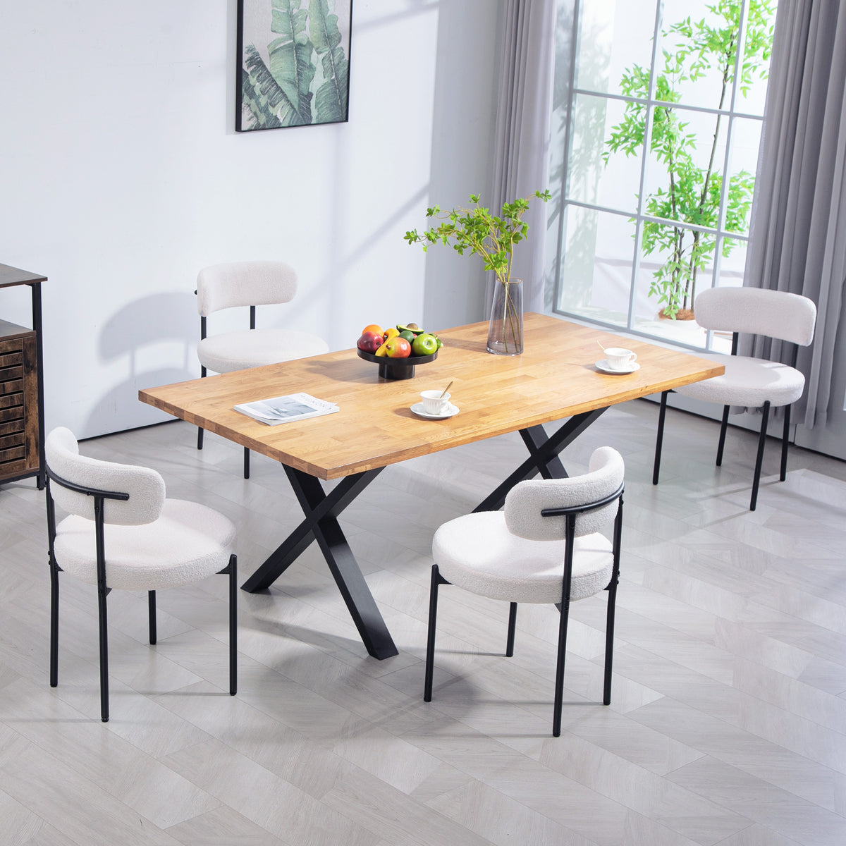 4 Pieces Kitchen Chairs, Modern Dining Chairs w/ Berber Fleece Upholstery and Steel Legs for Living Room, Cream White