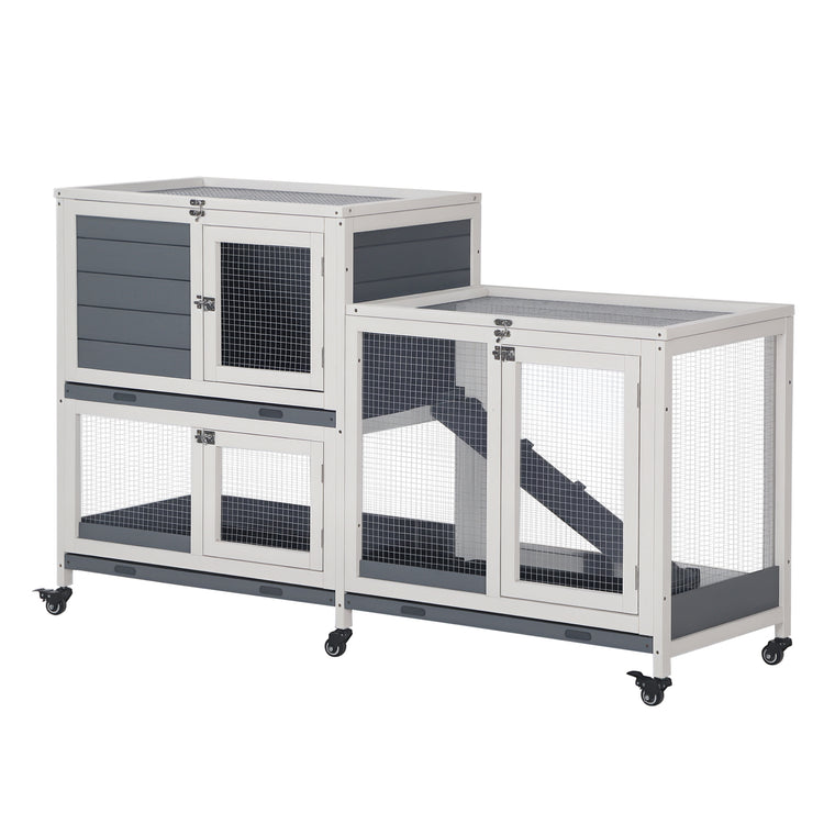 58" x 18" x 35" Grey Wooden Rabbit Hutch with Lockable Door