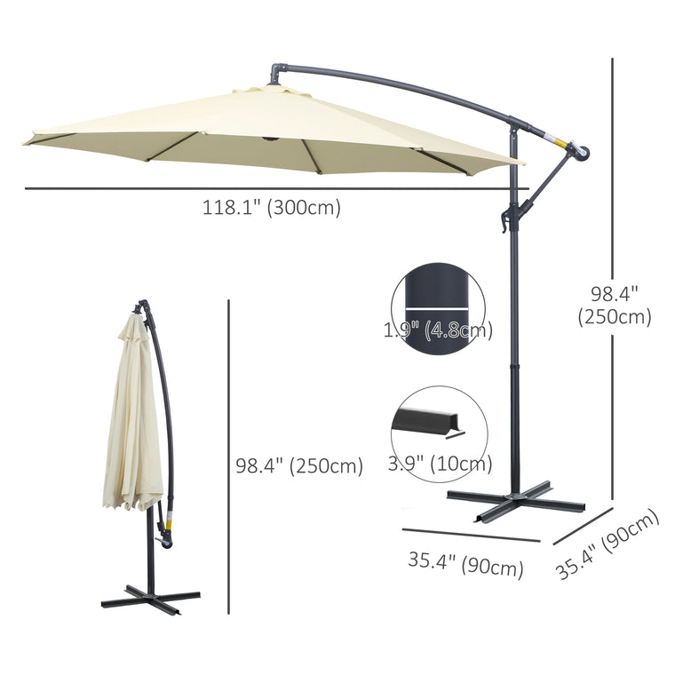 10' Beige Banana Cantilever Umbrella with Crank & Cross Base