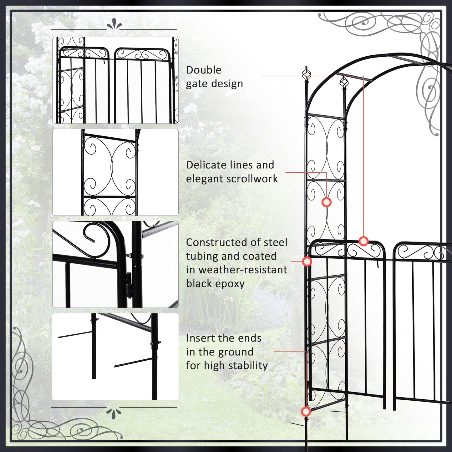 7' Metal Garden Arbor Arch with Scrollwork Doors