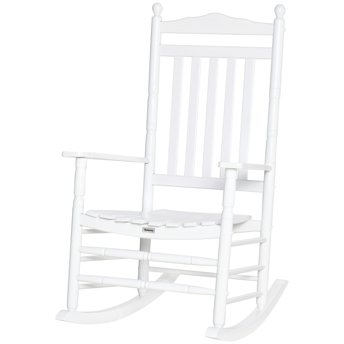 Wooden Outdoor Rocking Chair, Patio Rocking Chair with Slatted High Back and Armrests for Porch, Garden, Lawn, White