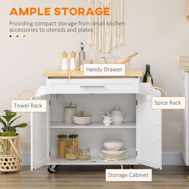 Rolling Kitchen Island with Wood Top and Spice Rack - White