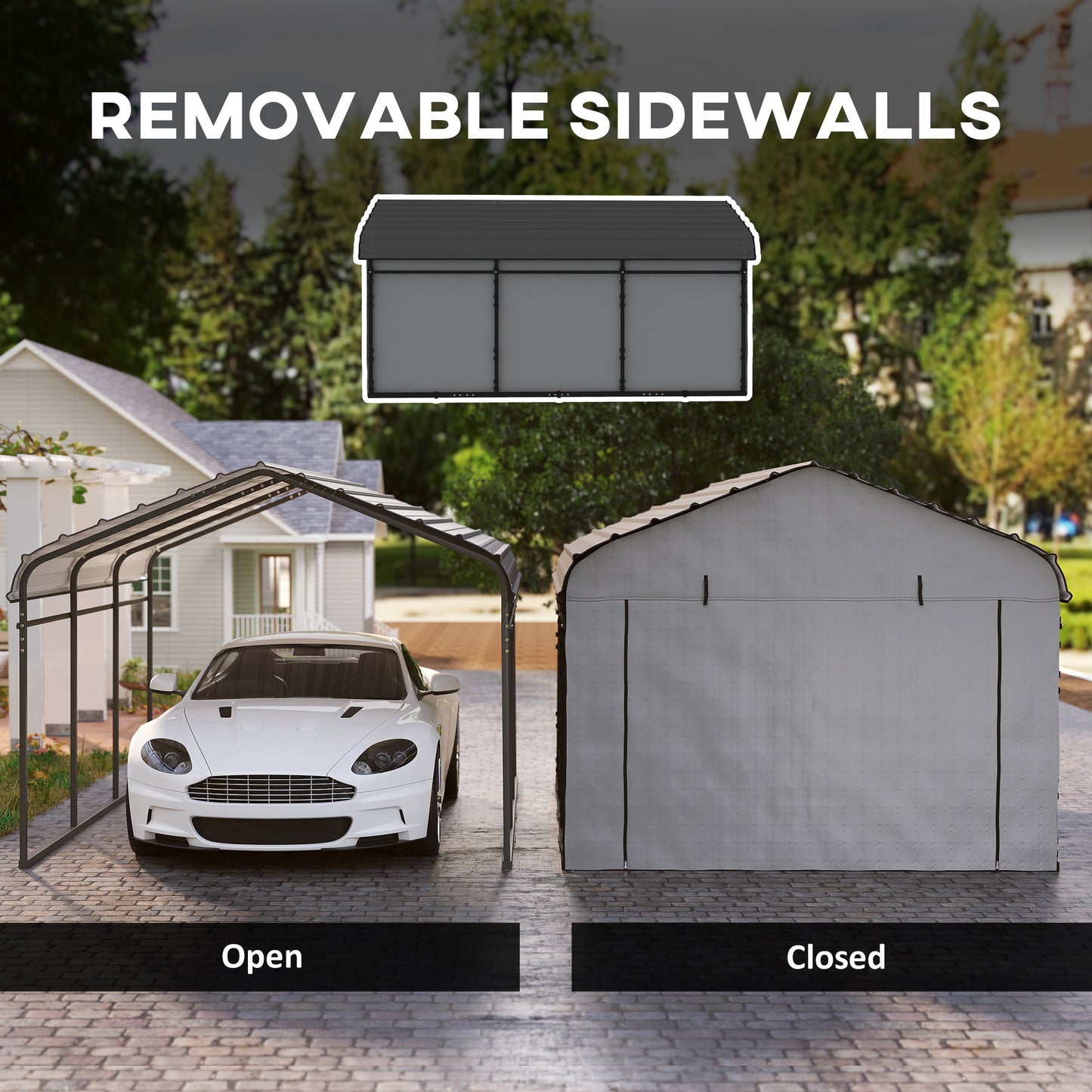 Metal Carport, Heavy Duty Garage Car Shelter with Galvanized Metal Roof and Removable Sidewalls, Light Grey