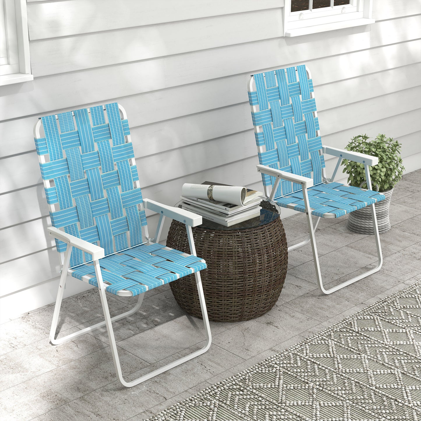 Set of 2 Folding Patio Chairs, Portable Chair Set with Armrests for Camping, Garden, Pool, Beach, Backyard, Green - Blue