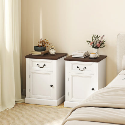 Set of 2 End Tables with Drawer and Cabinet - White