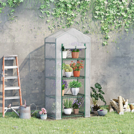 Portable Greenhouse Outdoor Hot House with 4 Tier Shelves, Steel Frame, PE Cover, 28" x 20" x 63" , White