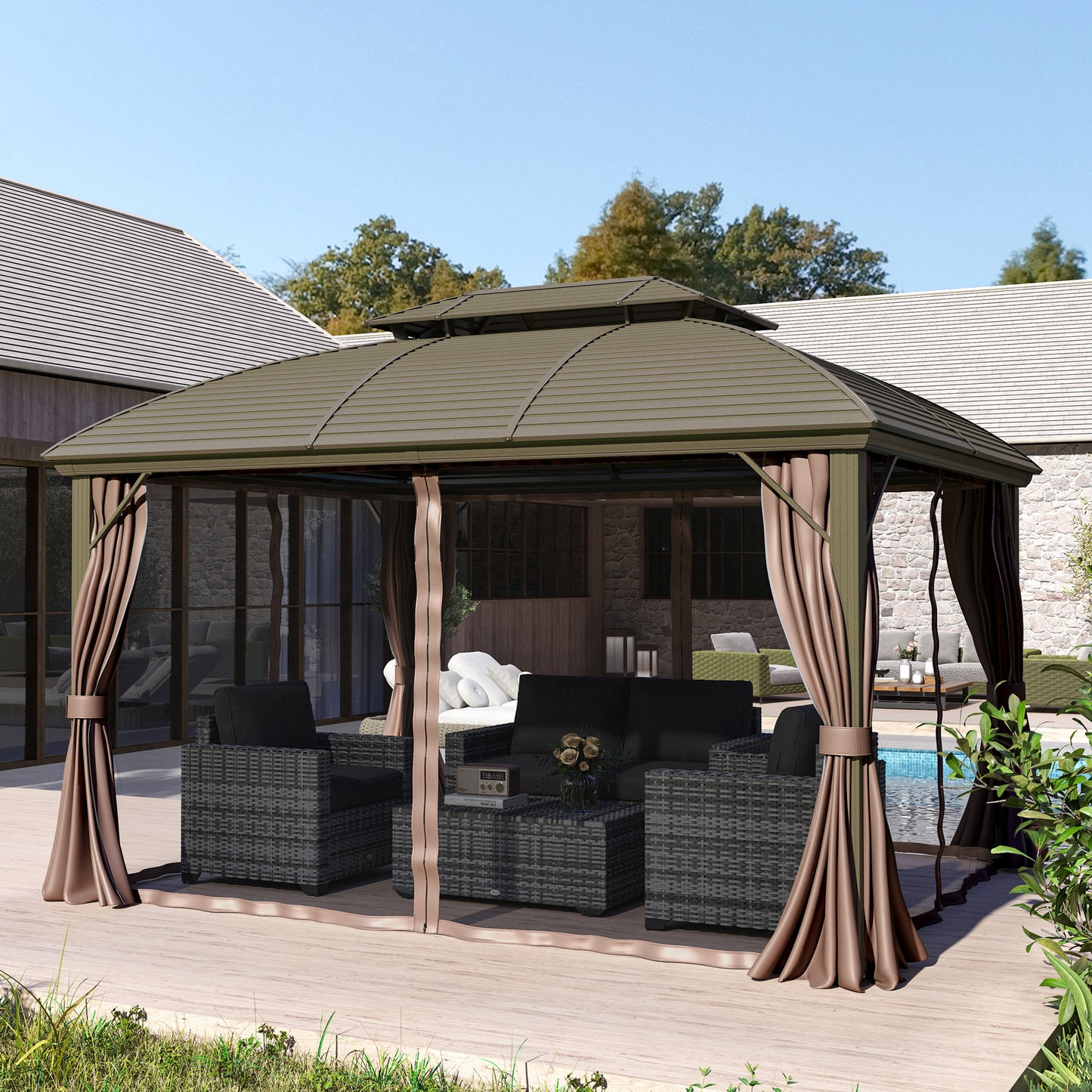 10' x 12' Hardtop Gazebo Canopy with Double Roof, Netting and Curtains for Garden, Backyard, Deck, Coffee