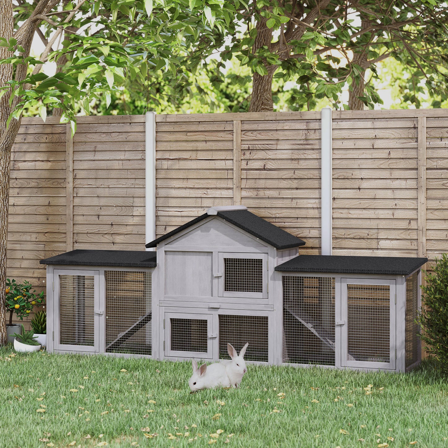Large Rabbit Hutch Wood Bunny Cage Outdoor Guinea Pig House with Double Runs Slide Out Tray Ramps