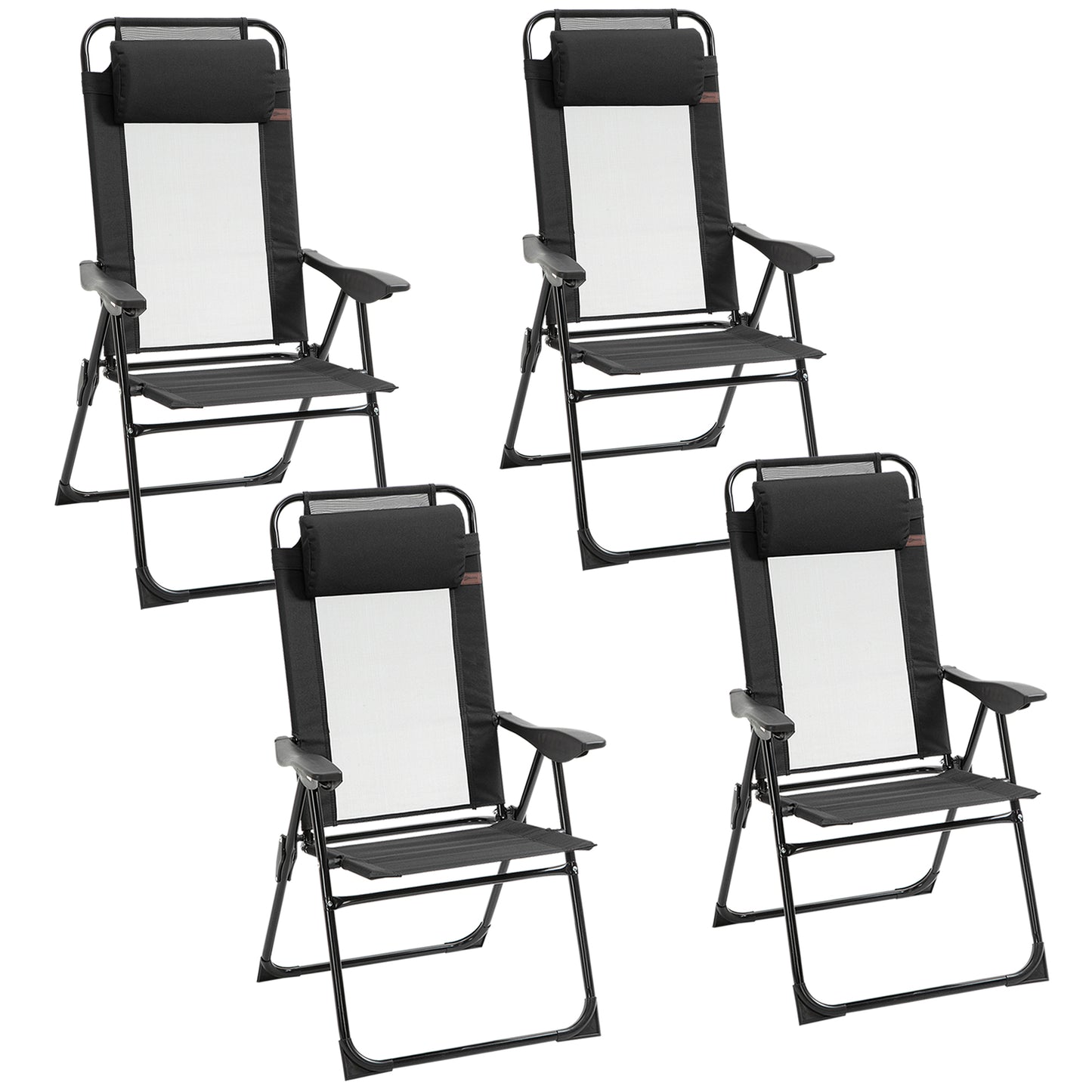 Set of 4 Camping Chairs, Outdoor Folding Lounge Chair Set with 5 Level Adjustable Backrest, Removable Headrest, Armrest for Camping, Backyard, Grey