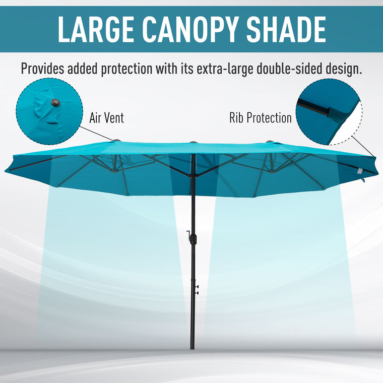 15ft Sky Blue Double-Sided Umbrella with Twin Canopy & Crank