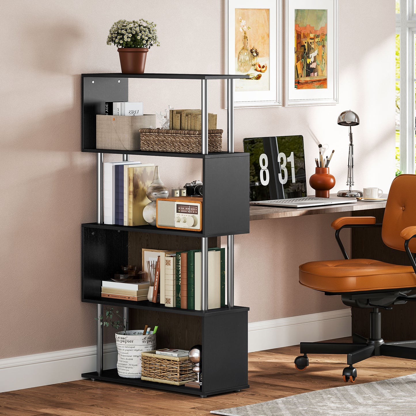 5-Tiers Geometric Wooden Bookcase S-Shaped Storage Bookshelf Display with Metal Frame for Living Room, Bedroom, Home Office, Black