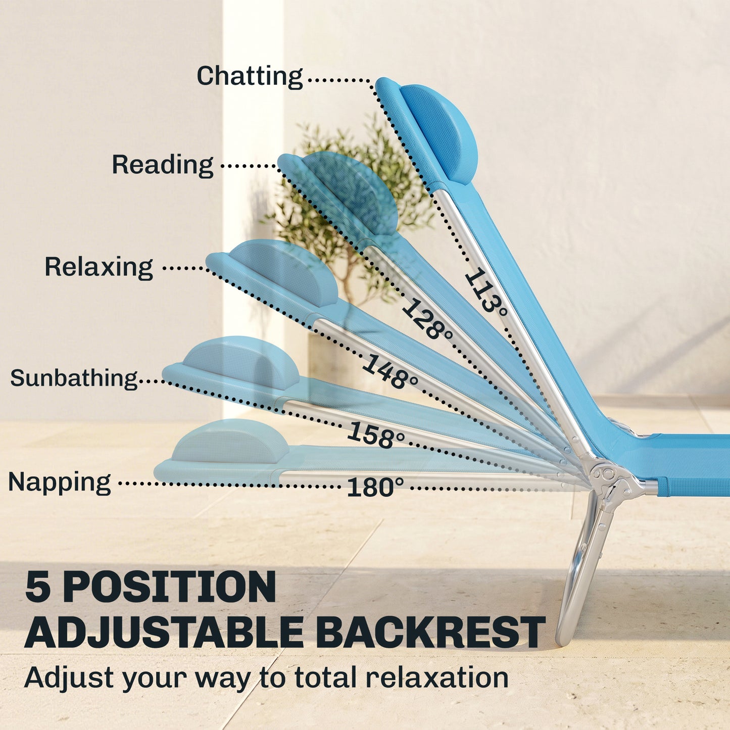 Set of 2 Folding Chaise Lounge Chairs, Outdoor Poolside Sun Tanning Chairs w/ Pillow, Reclining Backrest, Dark Blue